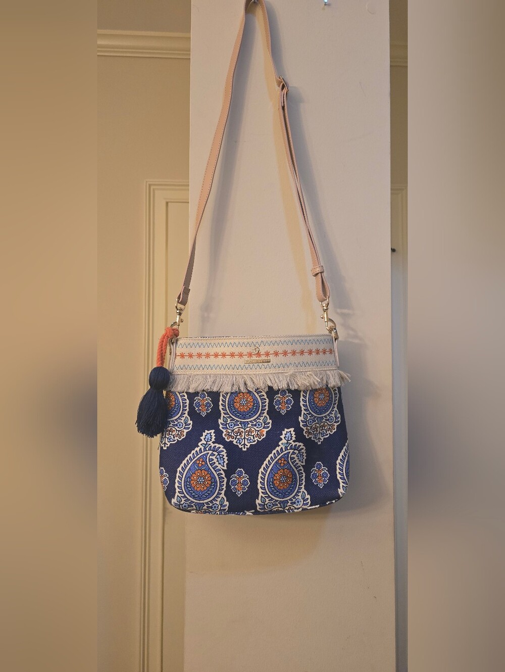 Spartina 449 Navy Paisley Crossbody with Orange‎ Accents and Fringe
